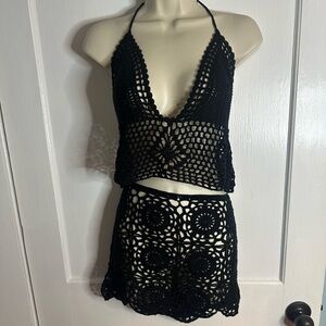 Fashion Nova Black Crochet Halter Top and Skirt Set - Bikini Cover Up 👙